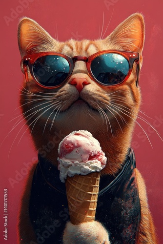 Cat with Sunglasses Enjoying Ice Cream Cone on Pink Background