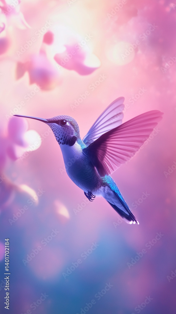Naklejka premium A colorful hummingbird captured mid-hover, its wings flapping in a blur of motion. The bird features iridescent feathers and realistic lighting that highlights its delicate form