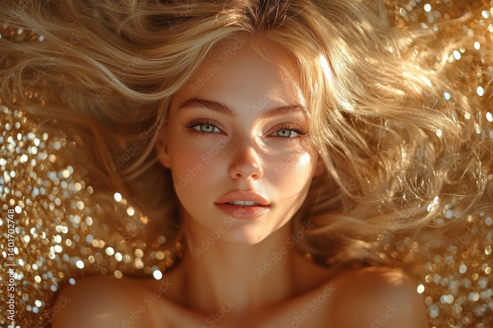 Glamorous blonde woman in golden sequin bed portrait