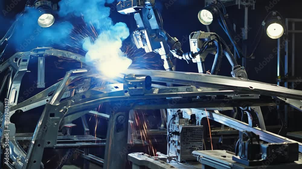 Robotic arms precisely weld car chassis in manufacturing factory, emitting sparks and blue smoke, showcasing automation in automotive industry