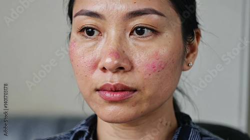 Portrait of a young adult female with redness and inflammation on her face, showing skin condition or irritation, close-up.