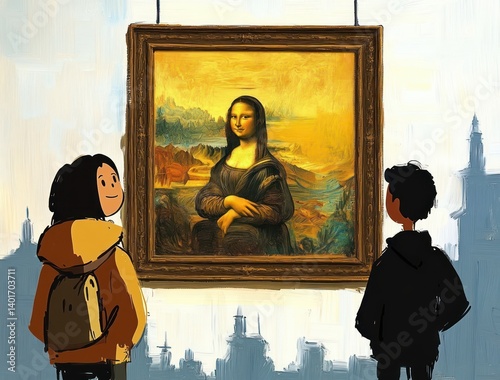 Cartoon Characters Enjoying the Mona Lisa at the Museum