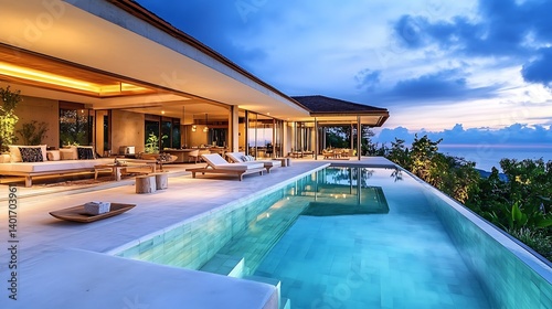 Wallpaper Mural Stunning modern villa overlooking the serene ocean at dusk with an infinity pool reflecting the twilight sky and palm trees in the background Torontodigital.ca