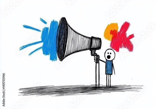 man with megaphone communicating humorously in minimalist style