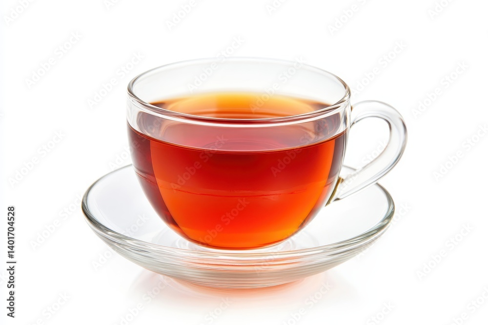 Transparent glass teacup and saucer, filled with amber liquid Transparent glass teacup and saucer, filled with amber liquid