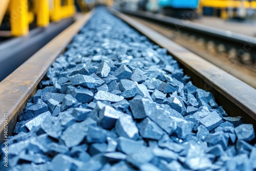Blue-gray crushed stones on a conveyor belt, industrial process.