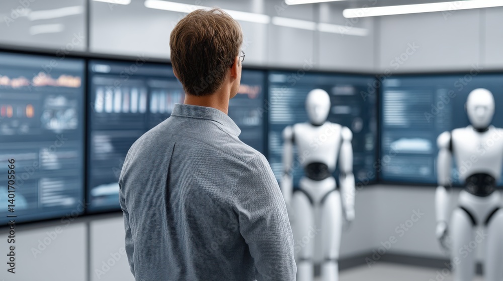 Man observing two humanoid robots, analyzing data on multiple screens, in a tech control room. Man observing two humanoid robots, analyzing data on multiple screens, in a tech control room.