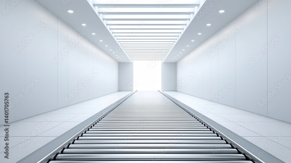 Obraz premium Empty white futuristic hallway, with a conveyor belt, bright light at the end.