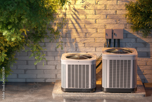 Two outdoor air conditioning units installed next to a brick wall with power connections and surrounding greenery. Scene relates to HVAC systems and home climate control. photo