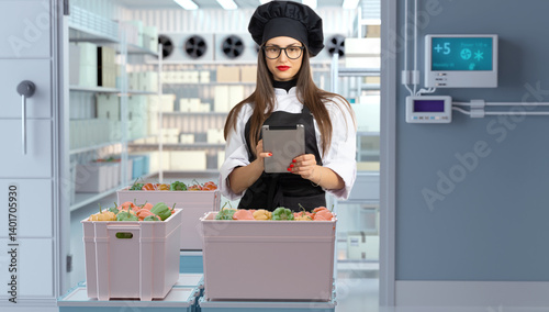 Female chef in uniform uses a tablet in a cold storage room with crates of fresh vegetables. Scene relates to food inventory, culinary management, and kitchen logistics.