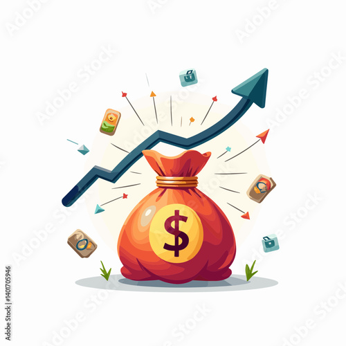 stock image of money bag with arrow graphic  financial growth concept