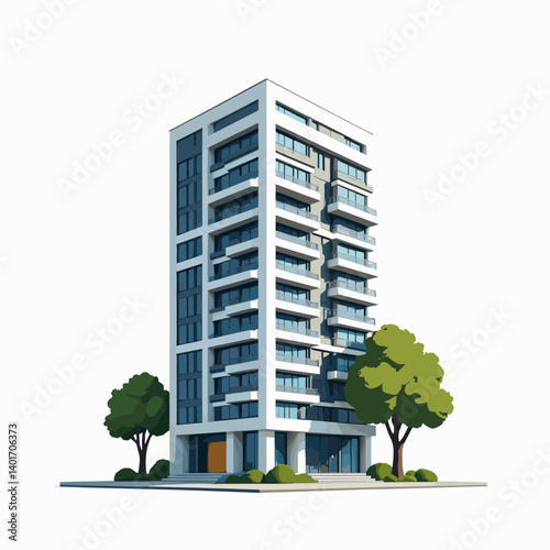 modern highrise apartment building with balconies and trees