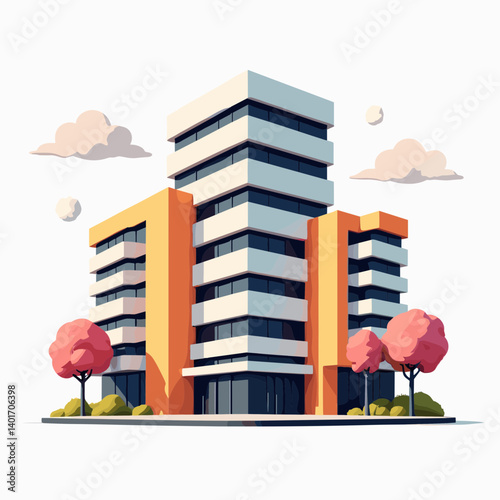 vibrant yellow  white multistory building with pink trees  modern architecture stock image