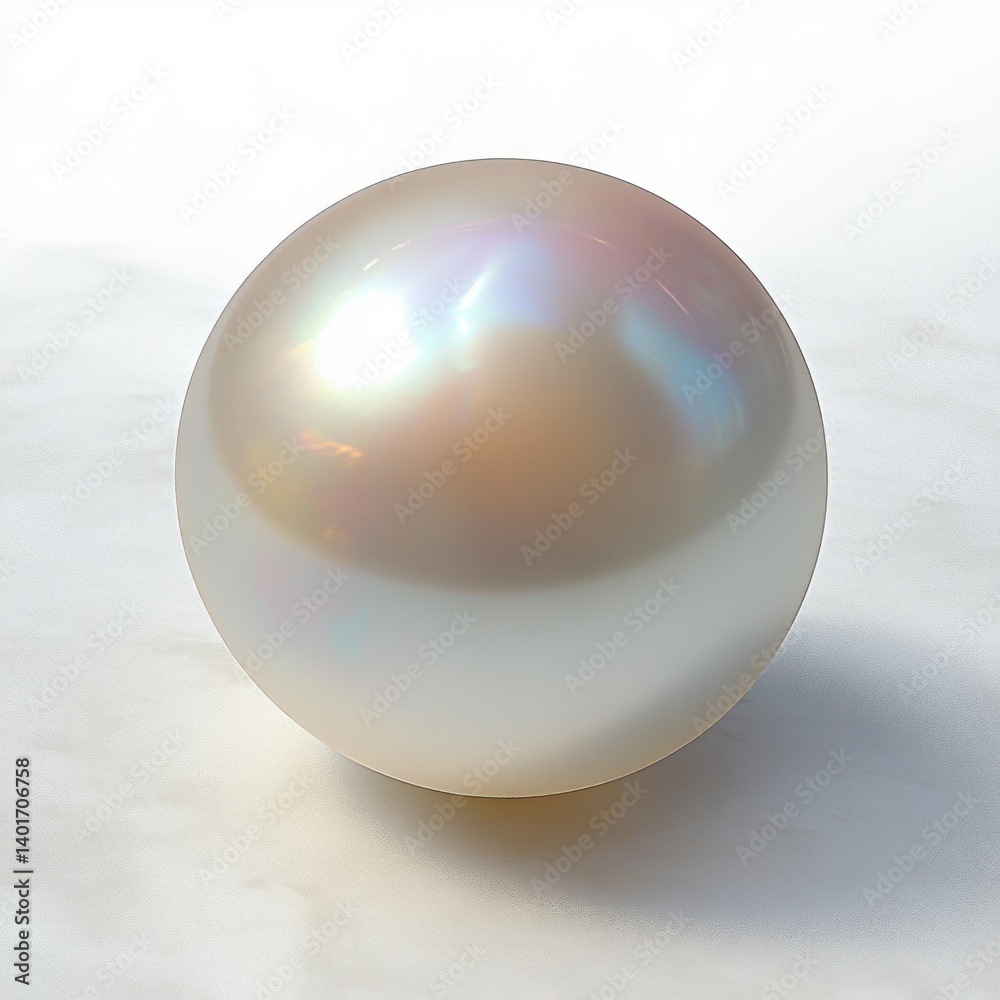 Obraz premium Realistic Pearl Sphere on White Background with Iridescent Highlights and Soft Lighting