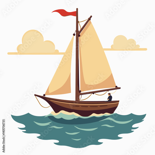 sailboat on calm sea with red flag  illustration