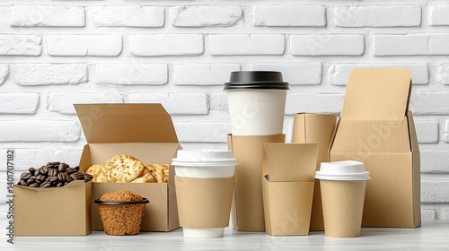 Takeaway Coffee Cups and Food Boxes Minimalist Still Life