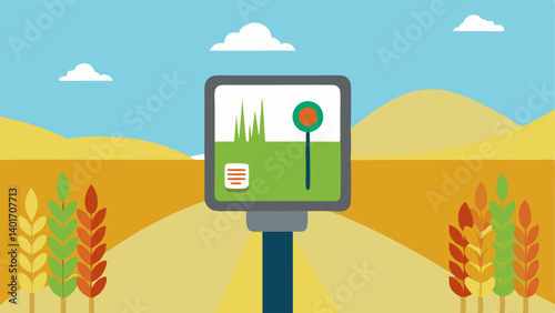 Crop Health Monitor Illustrate a device mounted on a post overlooking a field with a screen displaying colorful graphics of crop health indicating areas of stress and vigor.