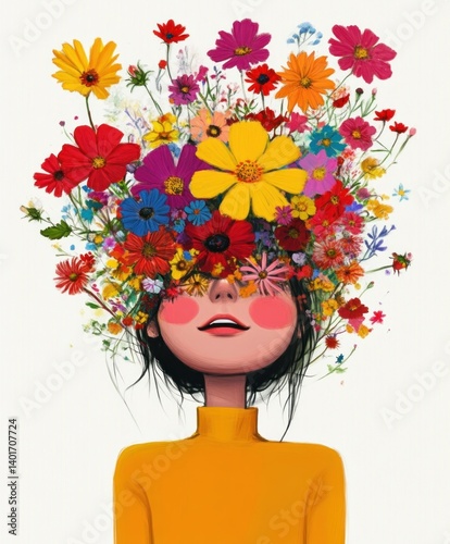 Colorful Cartoon Character with Flowers Above Head in Pop Art Style