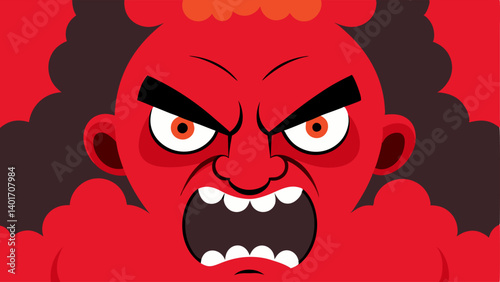 Facial CloseUp A closeup of an angry face with exaggerated bulging and dramatic wrinkles on the forehead. Wide eyes are filled with rage prominently displayed in red hues. Two