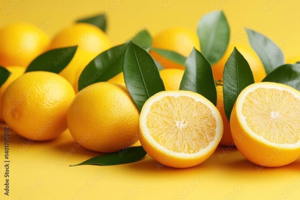 Fresh lemons with green leaves set against a vibrant yellow background.