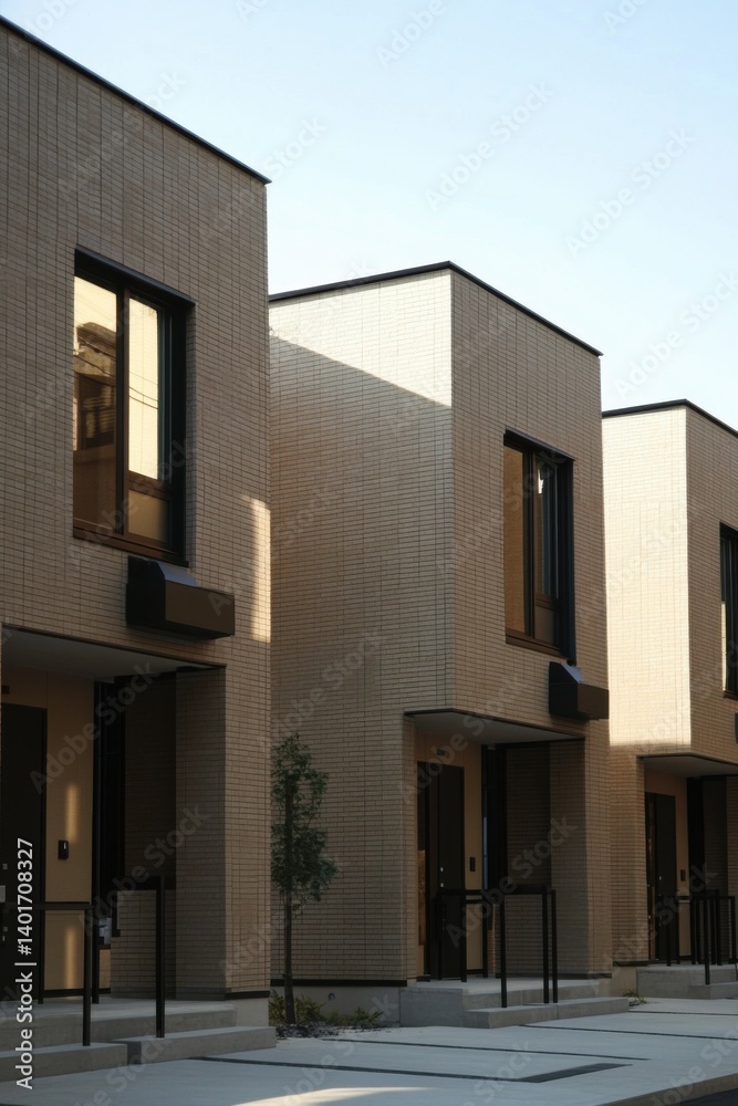 In an urban environment during the late afternoon, contemporary residential buildings showcase a striking minimalist design that emphasizes simplicity and elegance In an urban environment during the late afternoon, contemporary residential buildings showcase a striking minimalist design that emphasizes simplicity and elegance