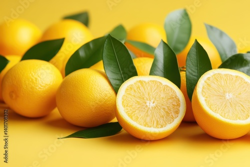 Obraz na płótnie Fresh lemons with green leaves set against a vibrant yellow background. w salonie