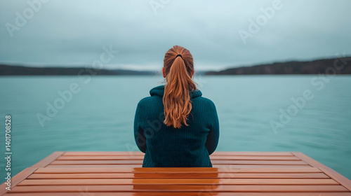 Woman Contemplating on Wooden Dock by Teal Lake