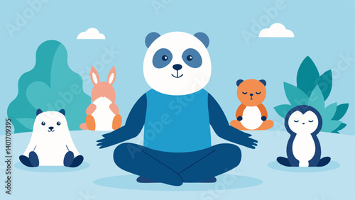 Guided Meditation In this serene illustration the panda sits in a lotus position at the front of the studio eyes closed in meditation. The animals around including a playful puppy
