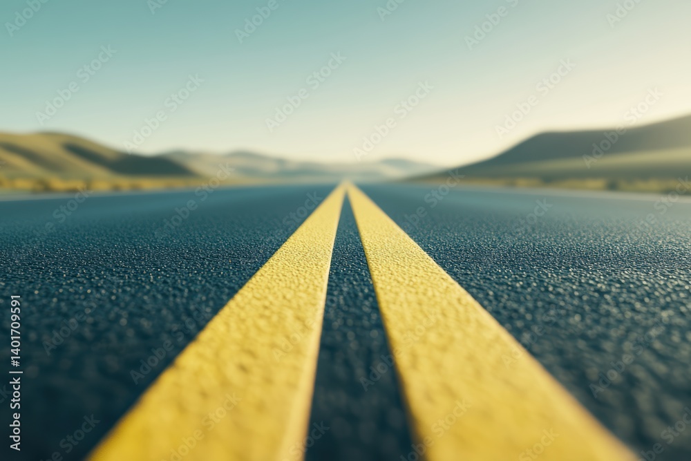 A yellow line marks the road winding through a mountainous landscape.