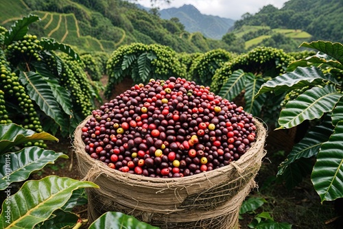 Coffee Berries Harvested from Tropical Plantations Surrounded by Lush Green Crowns in Balmy Weather near the Equator