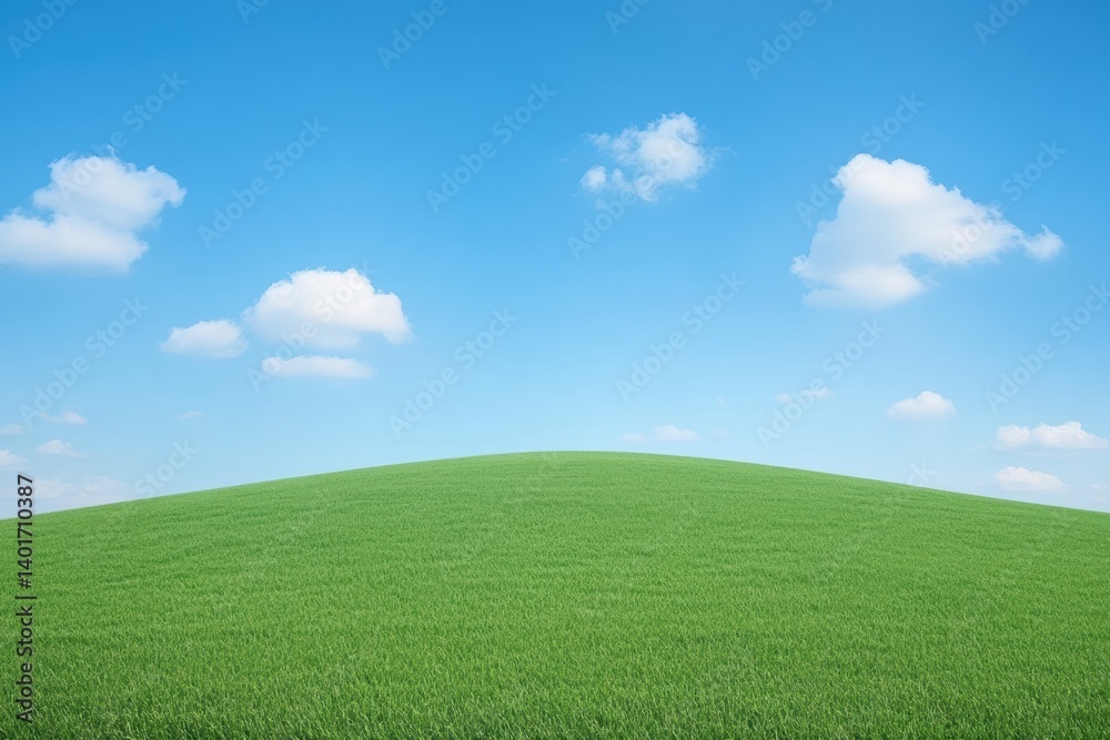 A vibrant green field under a clear blue sky with fluffy white clouds. A vibrant green field under a clear blue sky with fluffy white clouds.