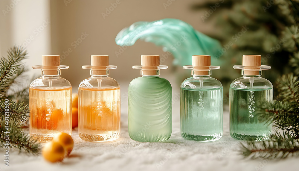 Elegant Fragrance Bottles Displayed On Snow Elegant Fragrance Bottles Displayed On Snow