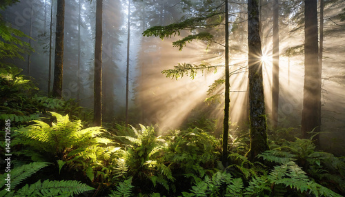 Tyndall Effect Sunbeams in Misty Forest at Dawn. photo