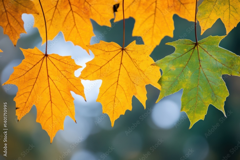 Fototapeta premium Sunlit yellow and green leaves dangle from a branch, creating a vibrant natural scene.
