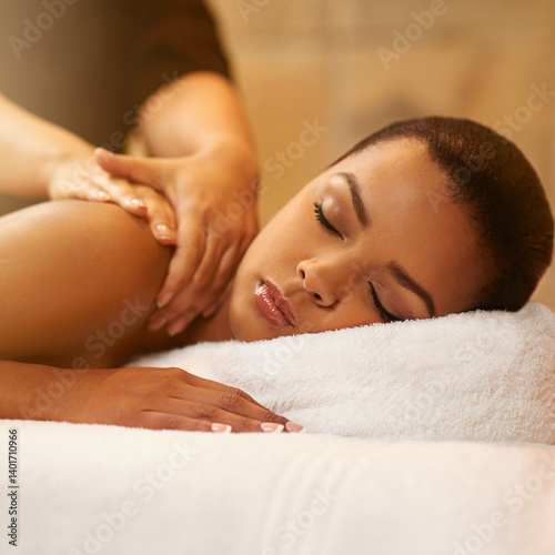 Obraz na płótnie Neck, massage and girl relax in spa on table with peace, wellness and luxury treatment. Masseuse, hands and calm woman rest on holiday or client on vacation in hotel with cosmetic service and care w salonie
