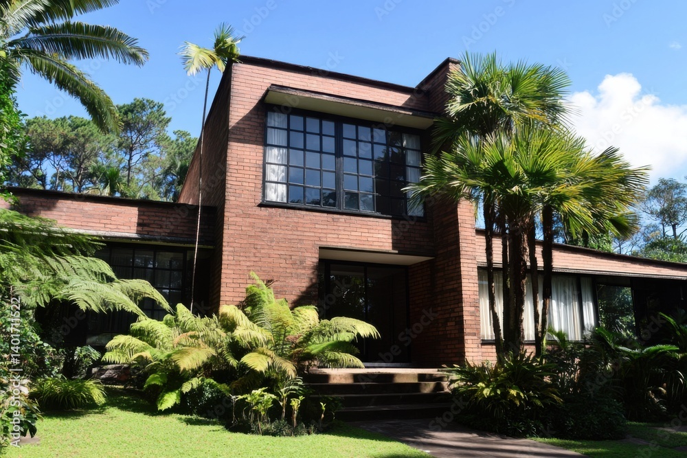 Fototapeta premium A contemporary brick house nestled amidst vibrant greenery in a peaceful setting, all illuminated by a radiant blue sky during the day