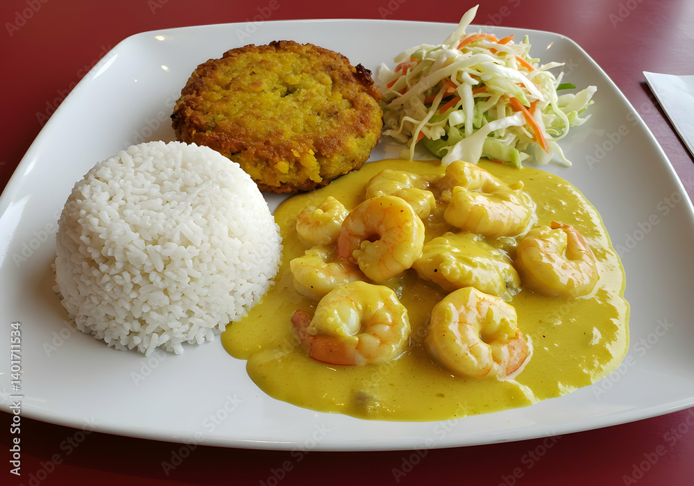Serving of Shrimp Curry with Rice Patty and Cabbage Slaw Serving of Shrimp Curry with Rice Patty and Cabbage Slaw