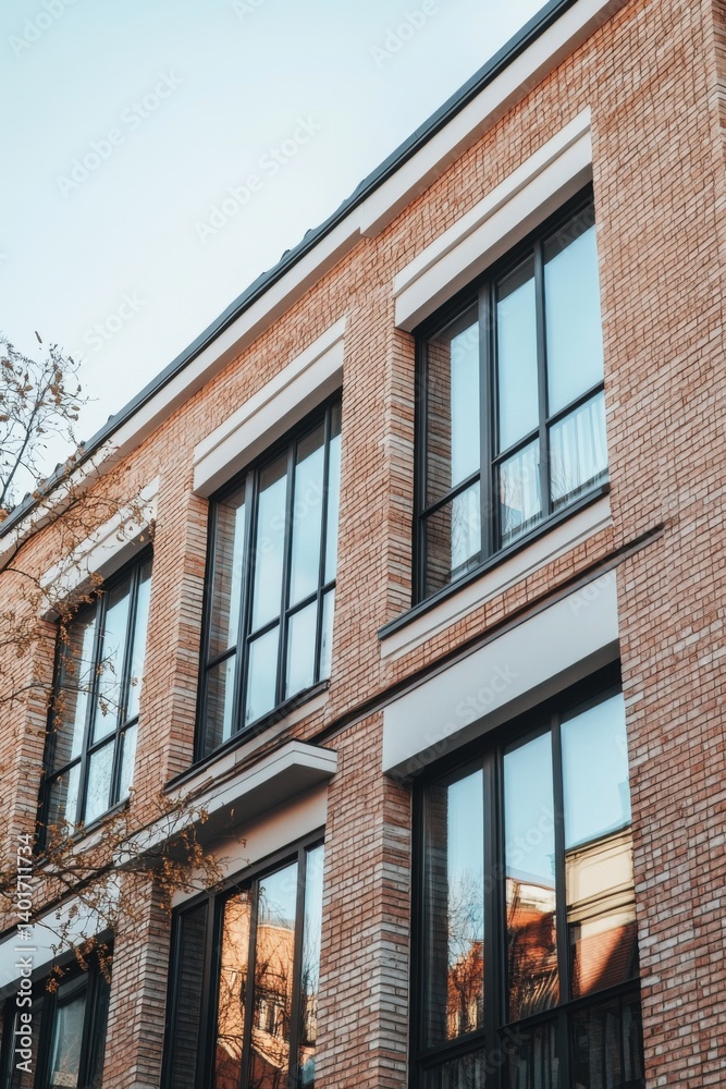 Modern architectural design on a residential building featuring large windows and a brick facade in an urban setting during the late afternoon Modern architectural design on a residential building featuring large windows and a brick facade in an urban setting during the late afternoon