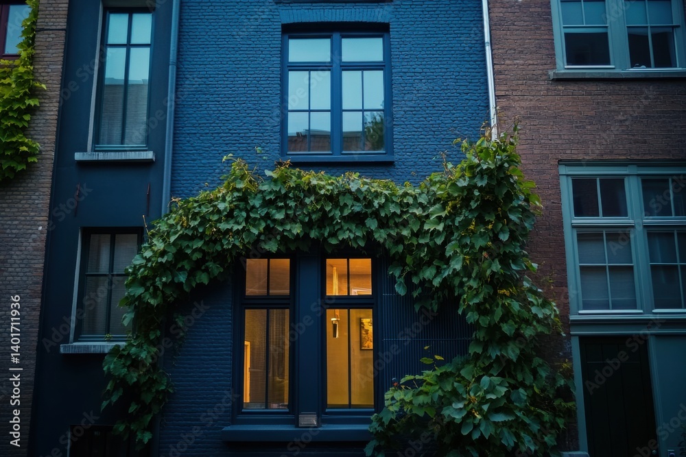 In the enchanting glow of evening twilight, the lush green vines beautifully accentuate the allure of a blue and brown building nestled within an urban environment In the enchanting glow of evening twilight, the lush green vines beautifully accentuate the allure of a blue and brown building nestled within an urban environment