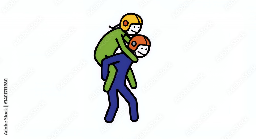 Colorful Stick Figures Piggyback Ride with Pilot Helmets Colorful Stick Figures Piggyback Ride with Pilot Helmets