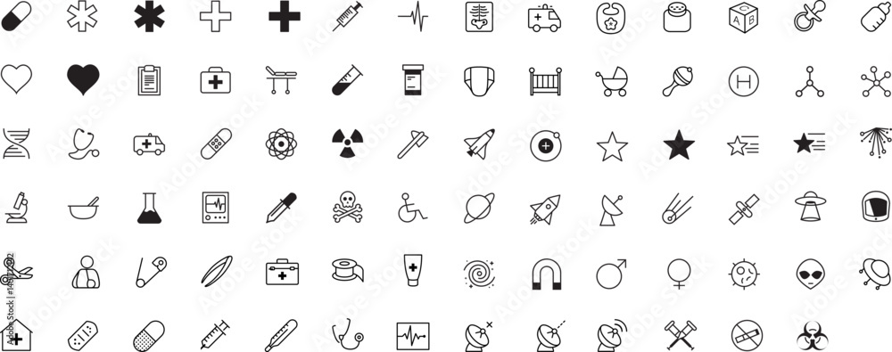 Medical & Science – Essential Vector Icon Pack. Includes Icons For: Healthcare & Medicine, Medical Equipment, Science & Research, Baby & Pediatrics, Space & Exploration, Miscellaneous