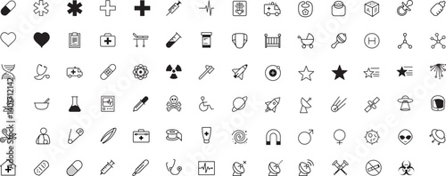 Obraz na płótnie Medical & Science – Essential Vector Icon Pack. Includes Icons For: Healthcare & Medicine, Medical Equipment, Science & Research, Baby & Pediatrics, Space & Exploration, Miscellaneous w salonie