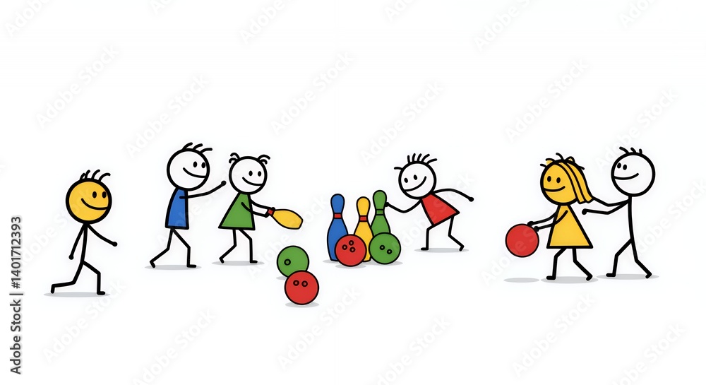Naklejka premium Colorful Stick Figures Playing Bowling on White Background