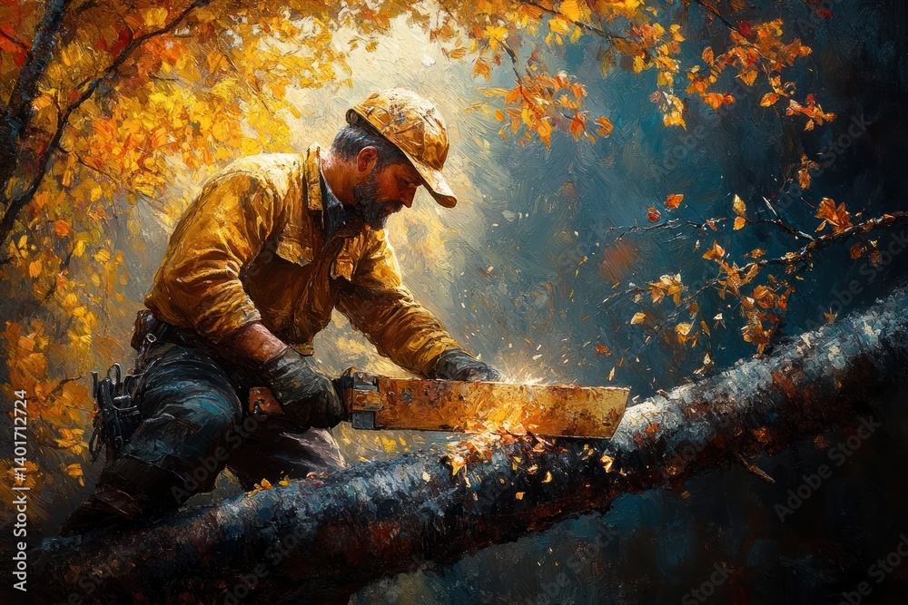 Lumberjack Cutting Tree Branch in Sunlit Forest Lumberjack Cutting Tree Branch in Sunlit Forest