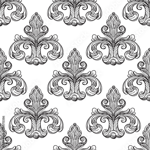 Luxury flourish seamless pattern. Hand drawing damask vintage background. Vector illustration. Wallpaper repetitive baroque design elements monochrome color. For fabric, packaging and invitation