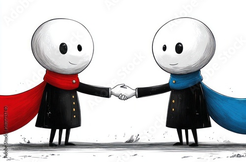 Cartoon Characters Handshake Friendship Equity Humor Line Art Red White Blue