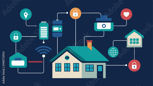 Integrated Security Systems A neighborhood with security cameras linked to a digital surveillance system showing communication pathways and data encryption symbols for safety.
