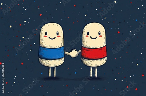 Cartoon Characters Shaking Hands in Minimalist Style with Red White and Blue Sashes