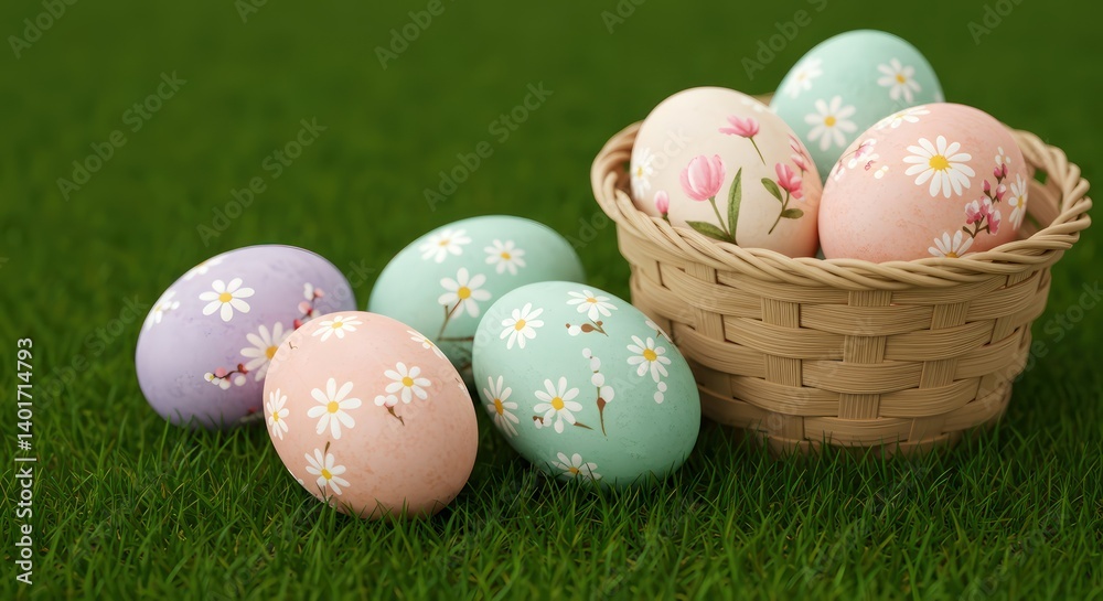 Fototapeta premium Easter eggs basket green grass.