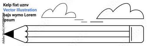 Large pencil pointing forward with two minimalist clouds above and placeholder text on the side. Ideal for writing, creativity, education, inspiration, design, stationery, simple landing page